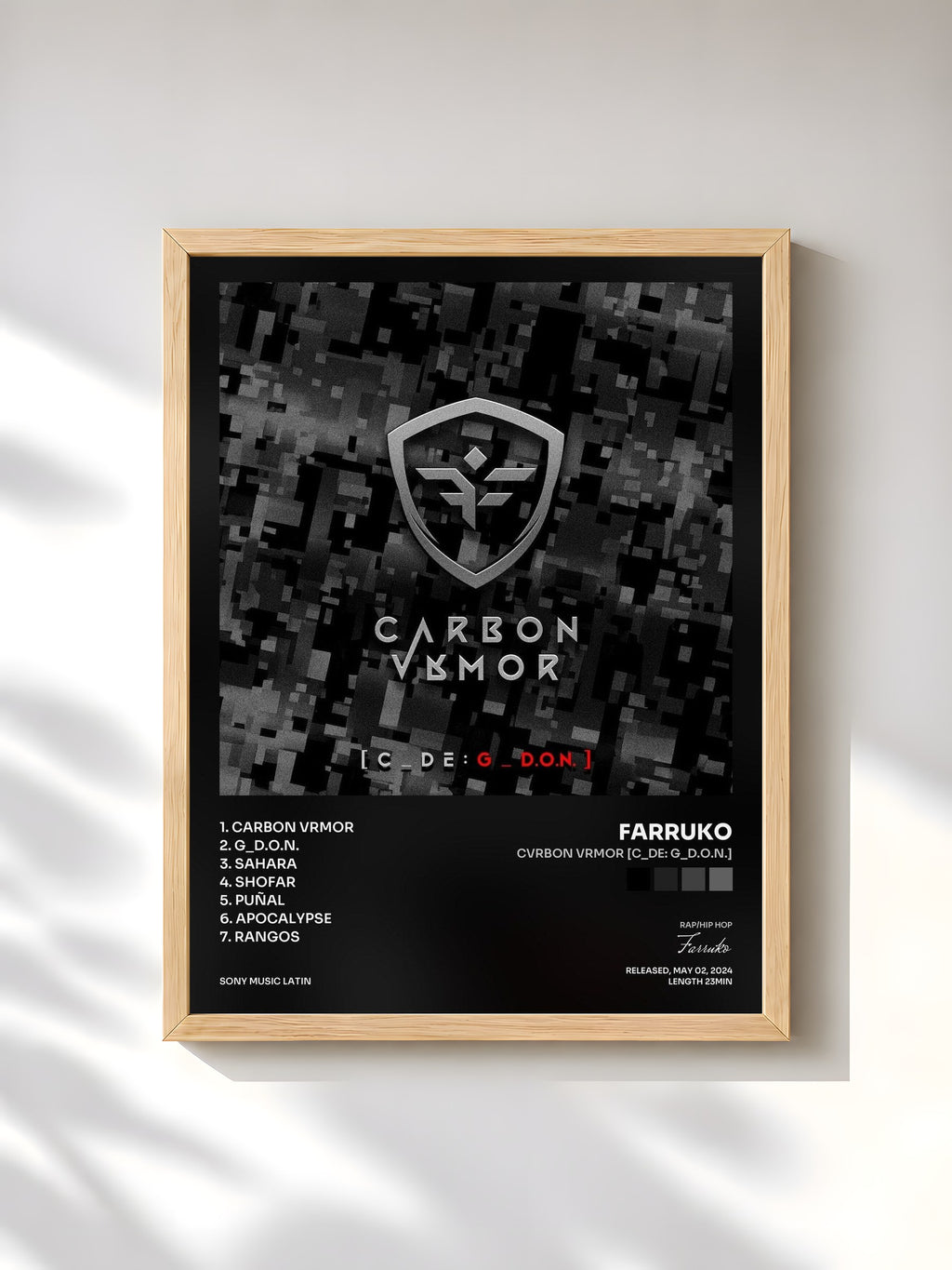 #bois Tableau de l'album CVRBON VRMOR [C_DE: G_D.O.N.] de Farruko, cadre en bois brut, imprimé et encadré en France