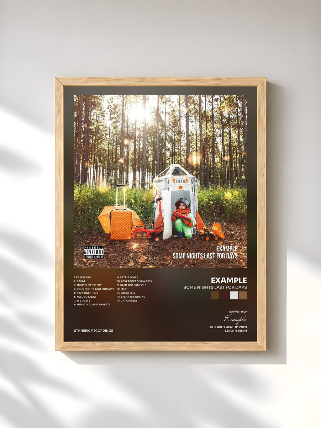 #bois Tableau de l'album Some Nights Last for Days de Example, cadre en bois brut, imprimé et encadré en France