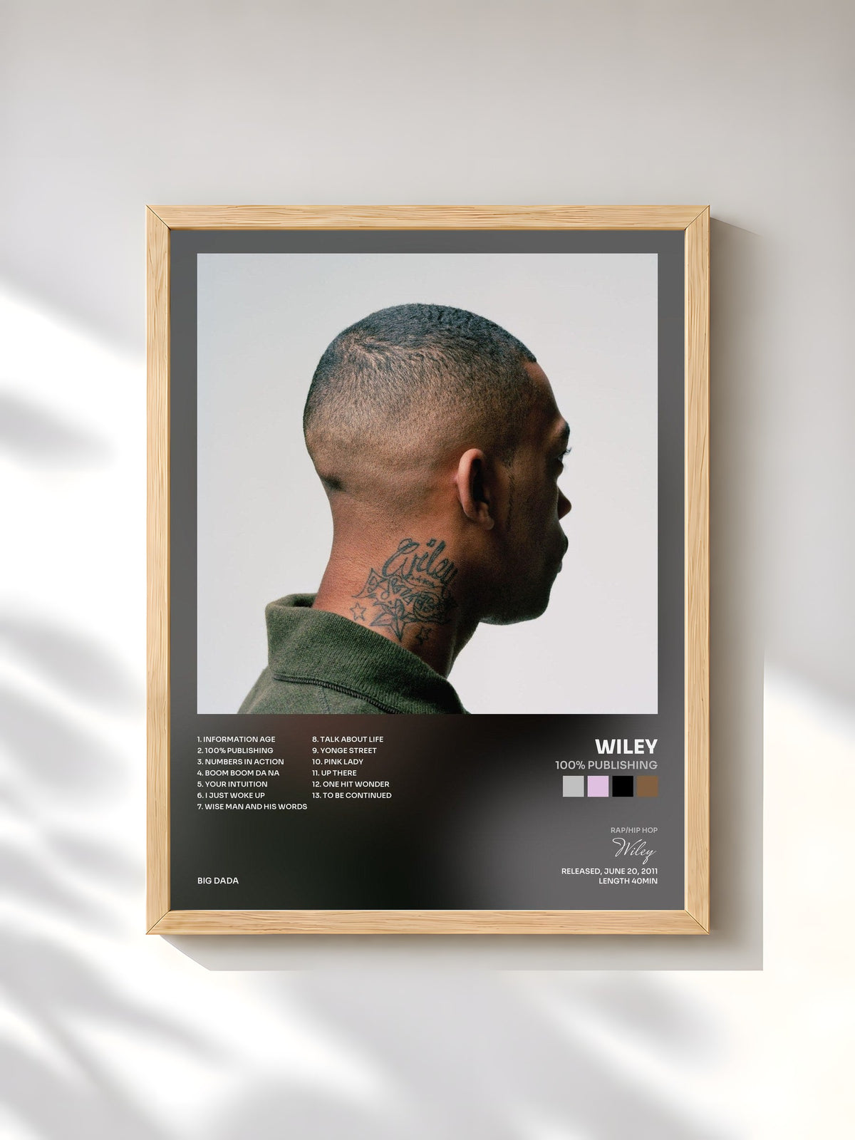 #bois Tableau de l'album 100% Publishing de Wiley, cadre en bois brut, imprimé et encadré en France