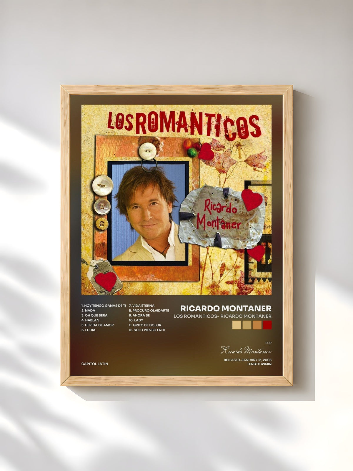 #bois Tableau de l'album Los Romanticos- Ricardo Montaner de Ricardo Montaner, cadre en bois brut, imprimé et encadré en France
