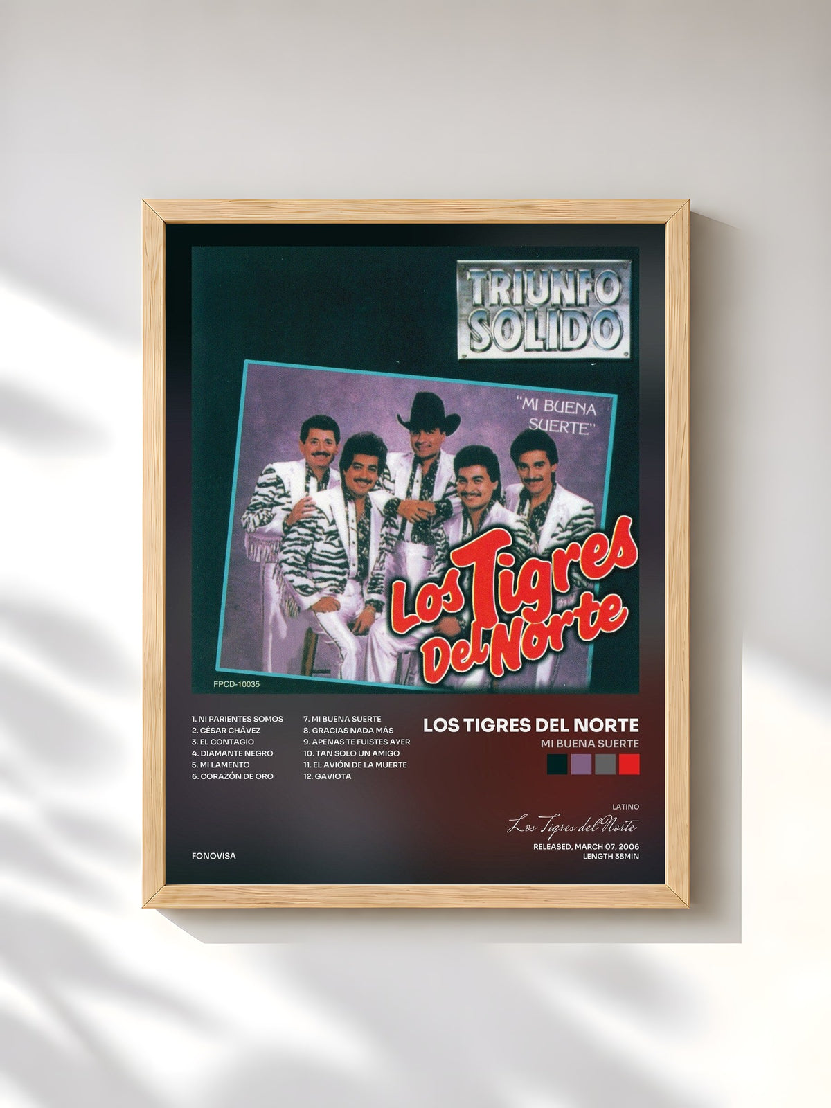 #bois Tableau de l'album Mi Buena Suerte de Los Tigres del Norte, cadre en bois brut, imprimé et encadré en France