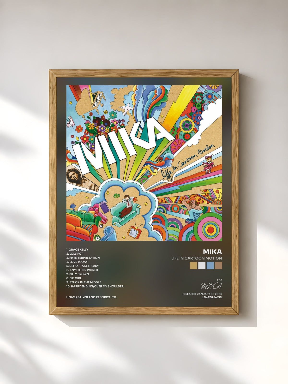 #bois Tableau de l'album Life In Cartoon Motion de MIKA, cadre en bois brut, imprimé et encadré en France
