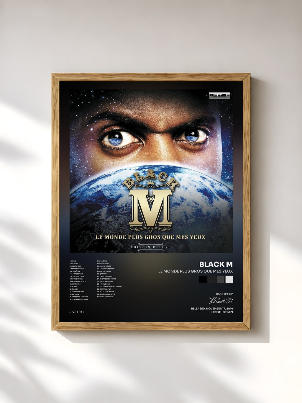 #bois Tableau de l'album Le monde plus gros que mes yeux de Black M, cadre en bois brut, imprimé et encadré en France