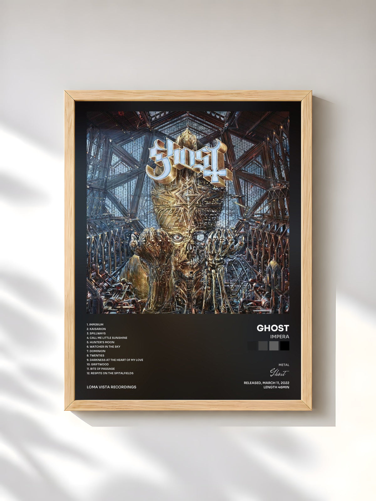 #bois Tableau de l'album IMPERA de Ghost, cadre en bois brut, imprimé et encadré en France