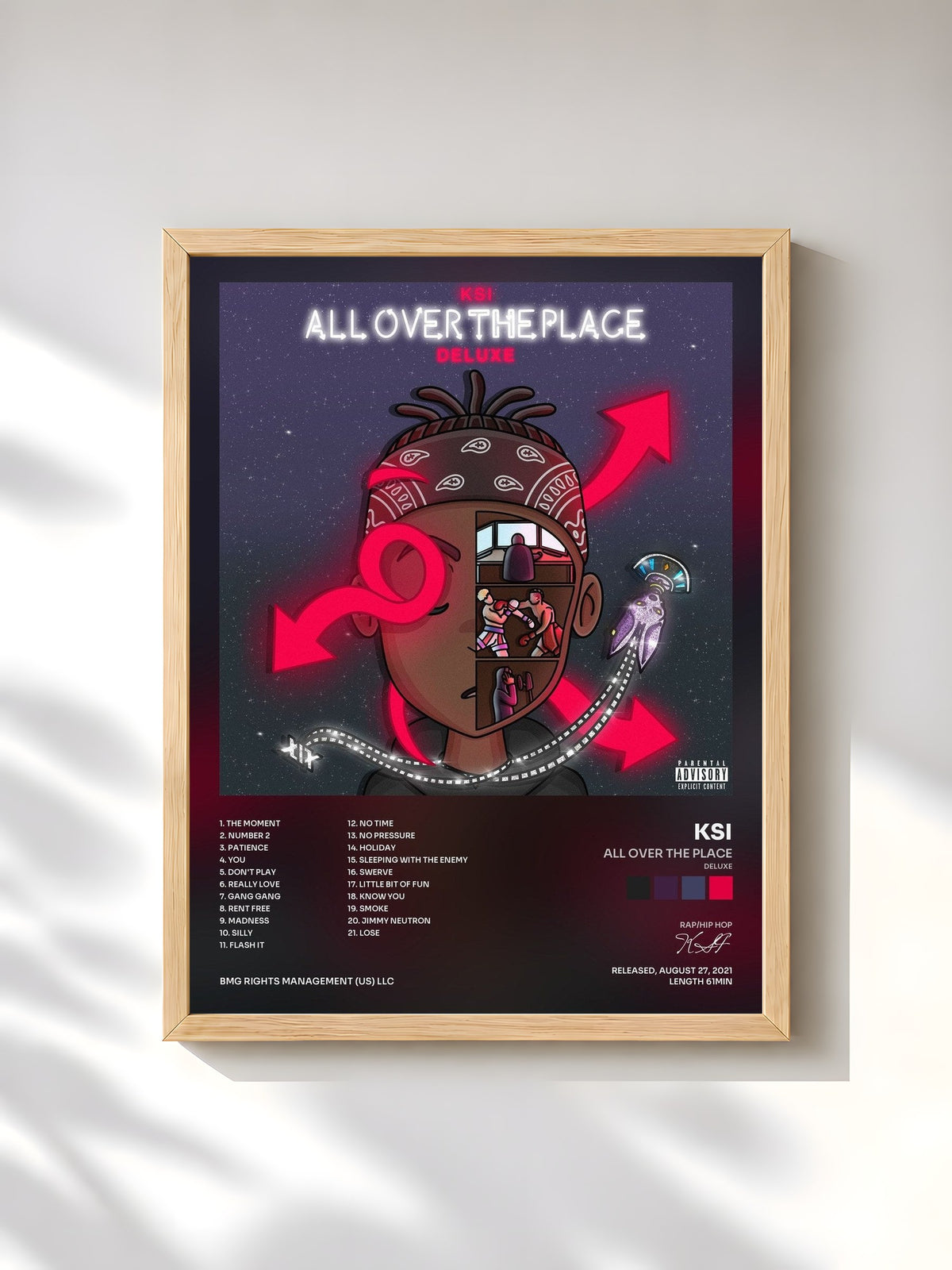 #bois Tableau de l'album All Over The Place (Deluxe) de KSI, cadre en bois brut, imprimé et encadré en France