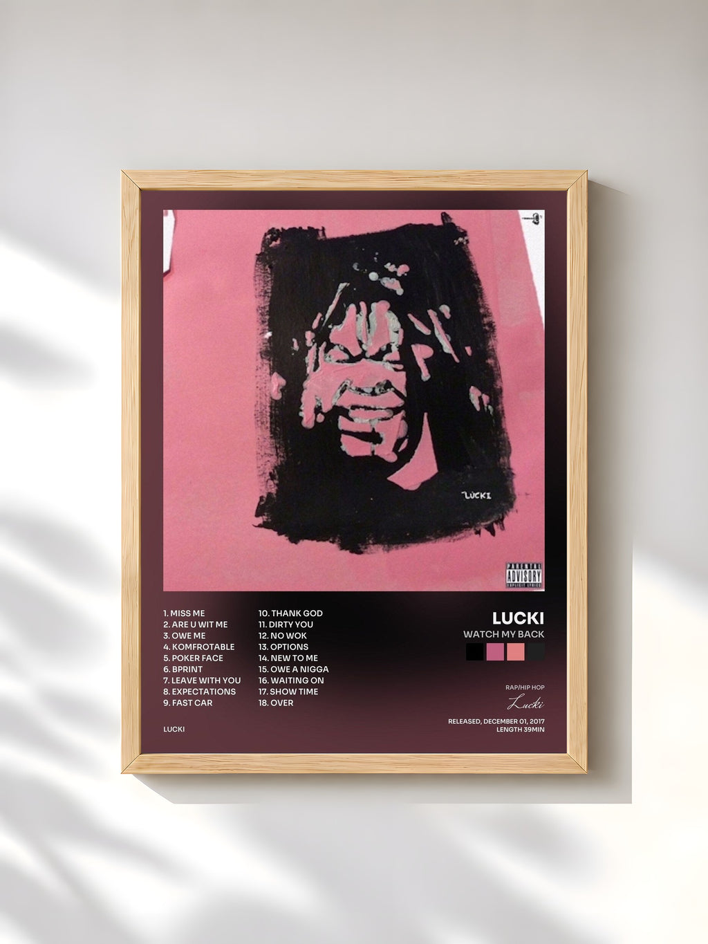 #bois Tableau de l'album Watch My Back de Lucki, cadre en bois brut, imprimé et encadré en France