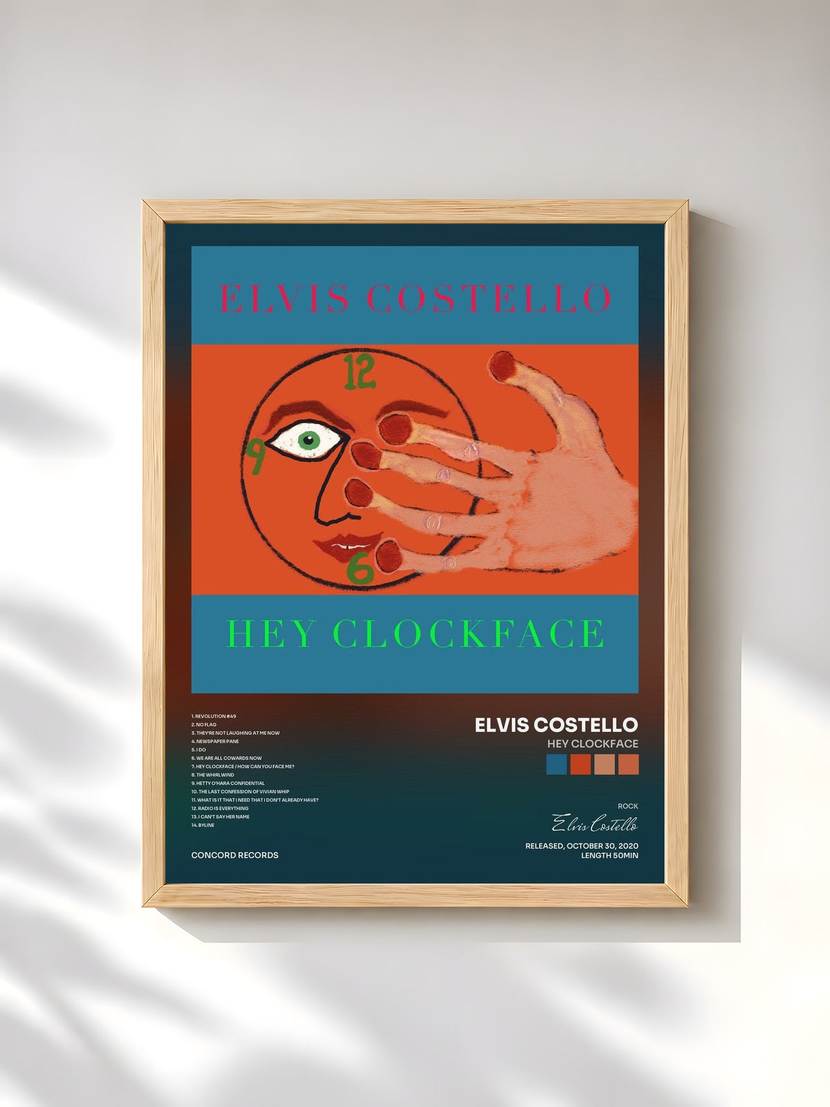 #bois Tableau de l'album Hey Clockface de Elvis Costello, cadre en bois brut, imprimé et encadré en France