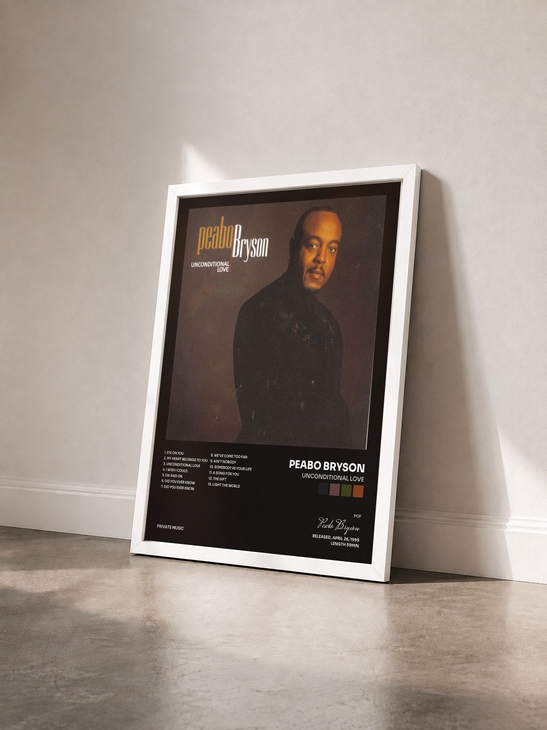 #blanc Tableau de l'album Unconditional Love de Peabo Bryson vu de trois quarts, cadre blanc