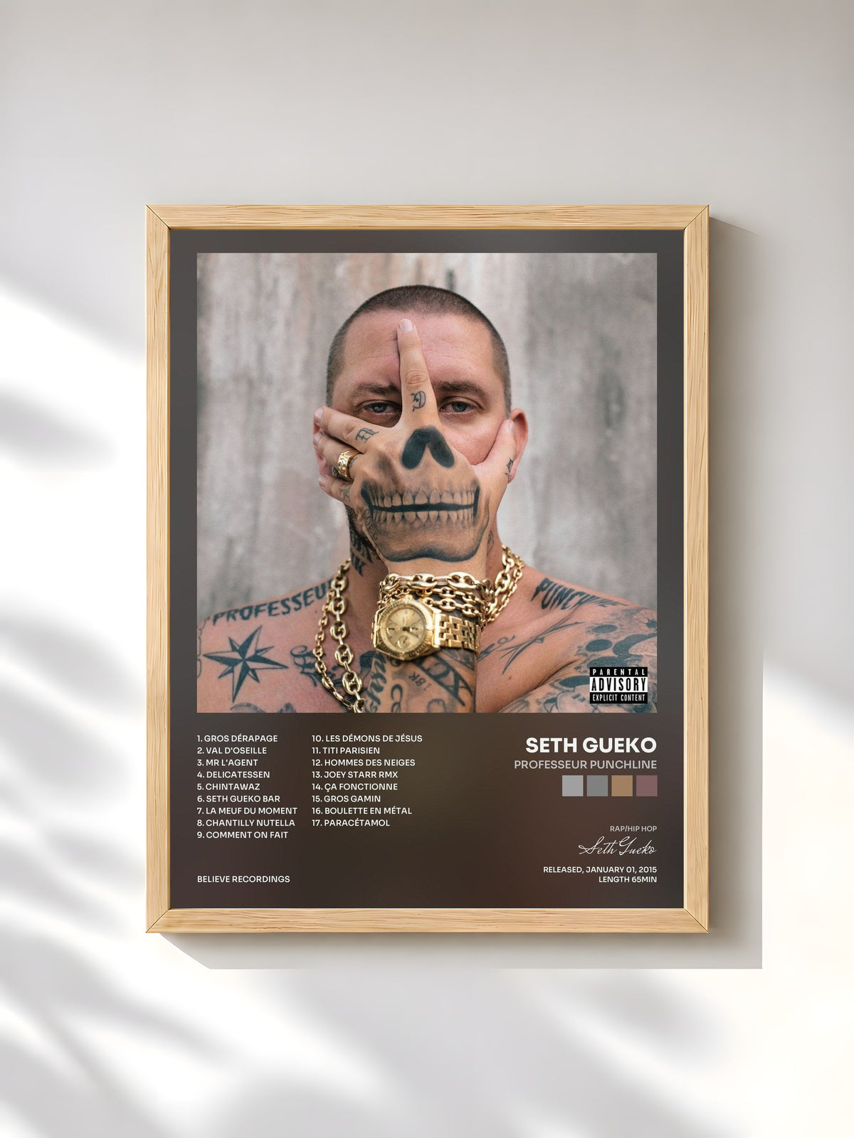 #bois Tableau de l'album Professeur Punchline de Seth Gueko, cadre en bois brut, imprimé et encadré en France