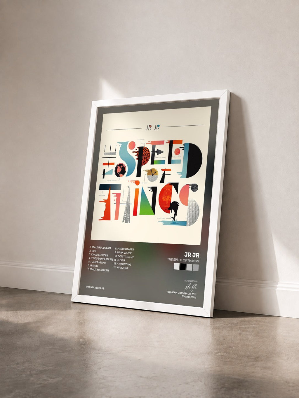 #blanc Tableau de l'album The Speed of Things de Jr Jr vu de trois quarts, cadre blanc