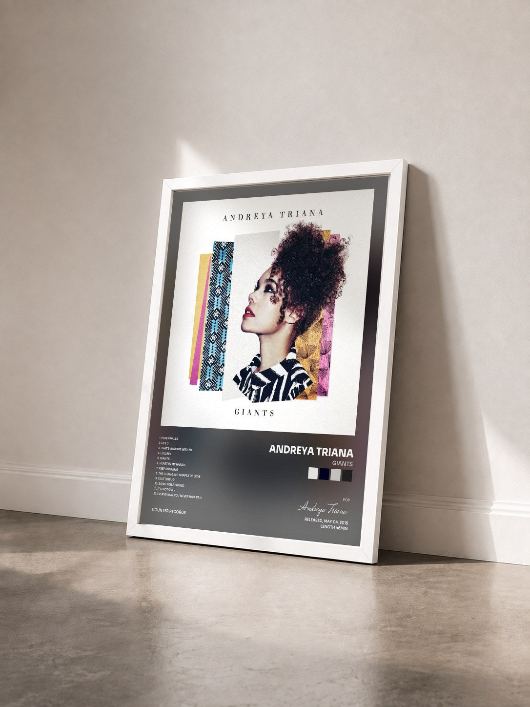 #blanc Tableau de l'album Giants de Andreya Triana vu de trois quarts, cadre blanc