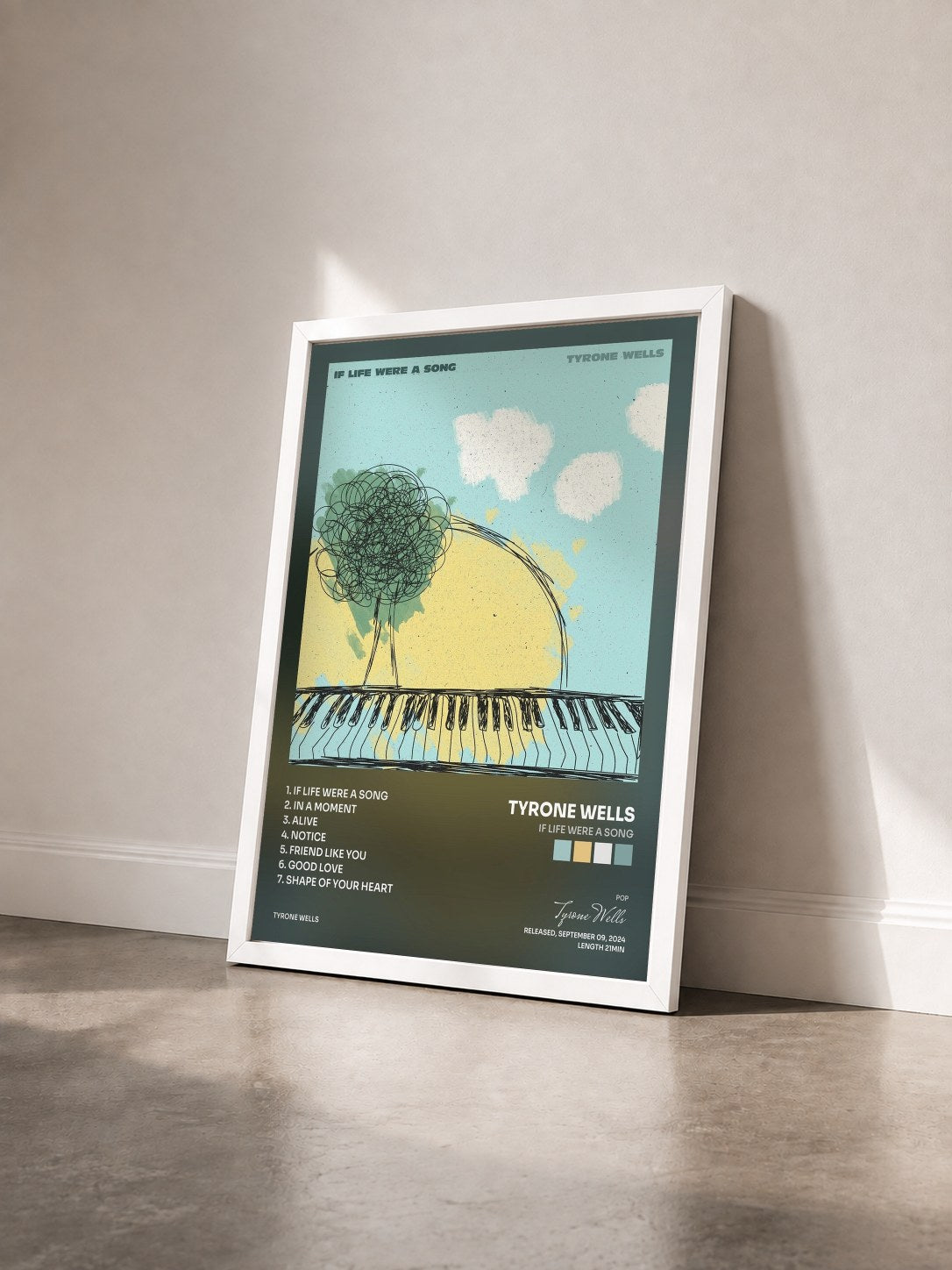#blanc Tableau de l'album If Life Were a Song de Tyrone Wells vu de trois quarts, cadre blanc