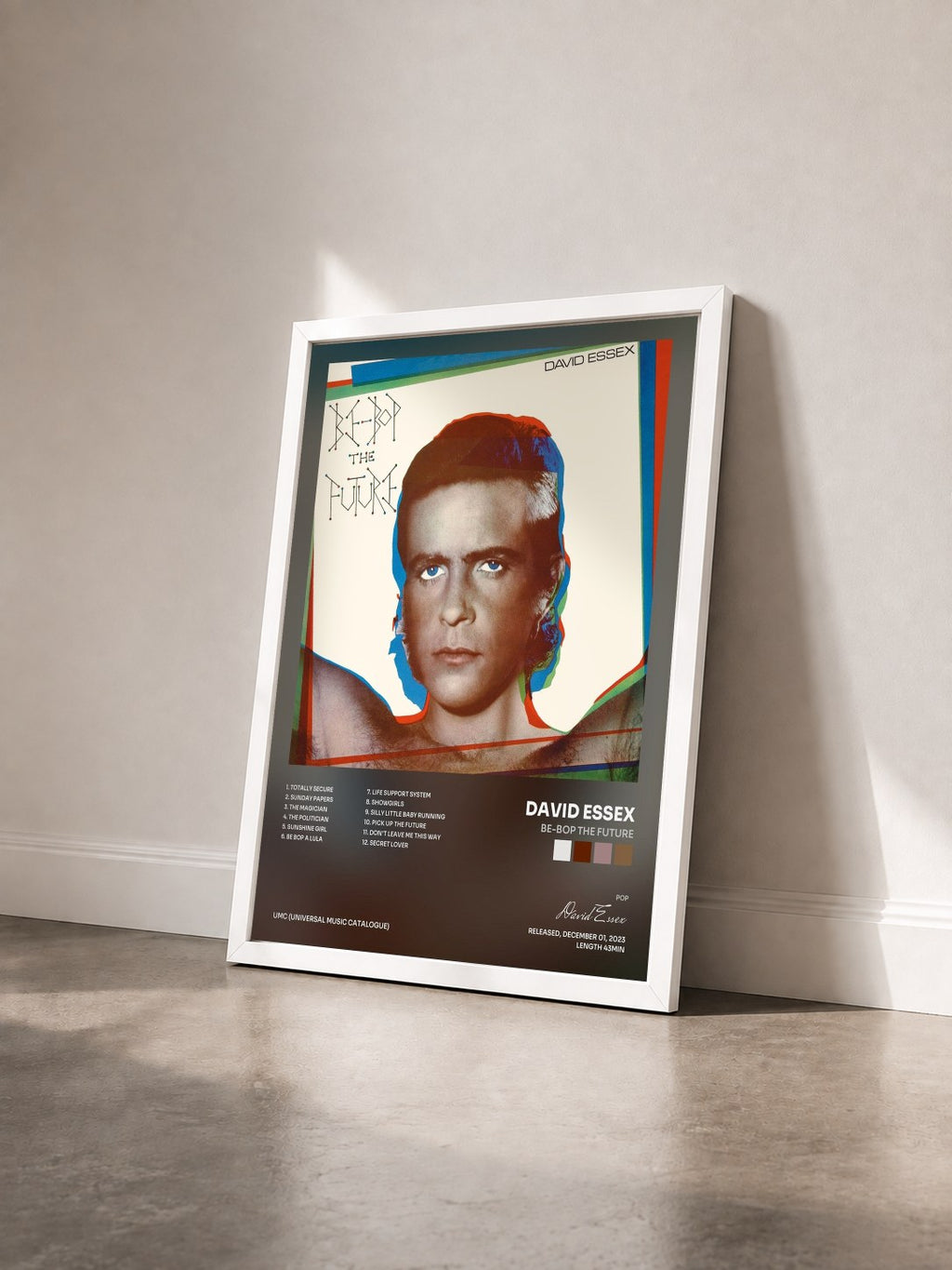#blanc Tableau de l'album Be-Bop The Future de David Essex vu de trois quarts, cadre blanc