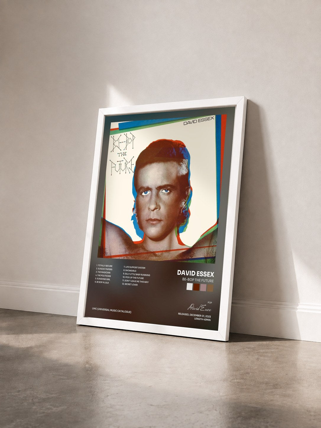 #blanc Tableau de l'album Be-Bop The Future de David Essex vu de trois quarts, cadre blanc