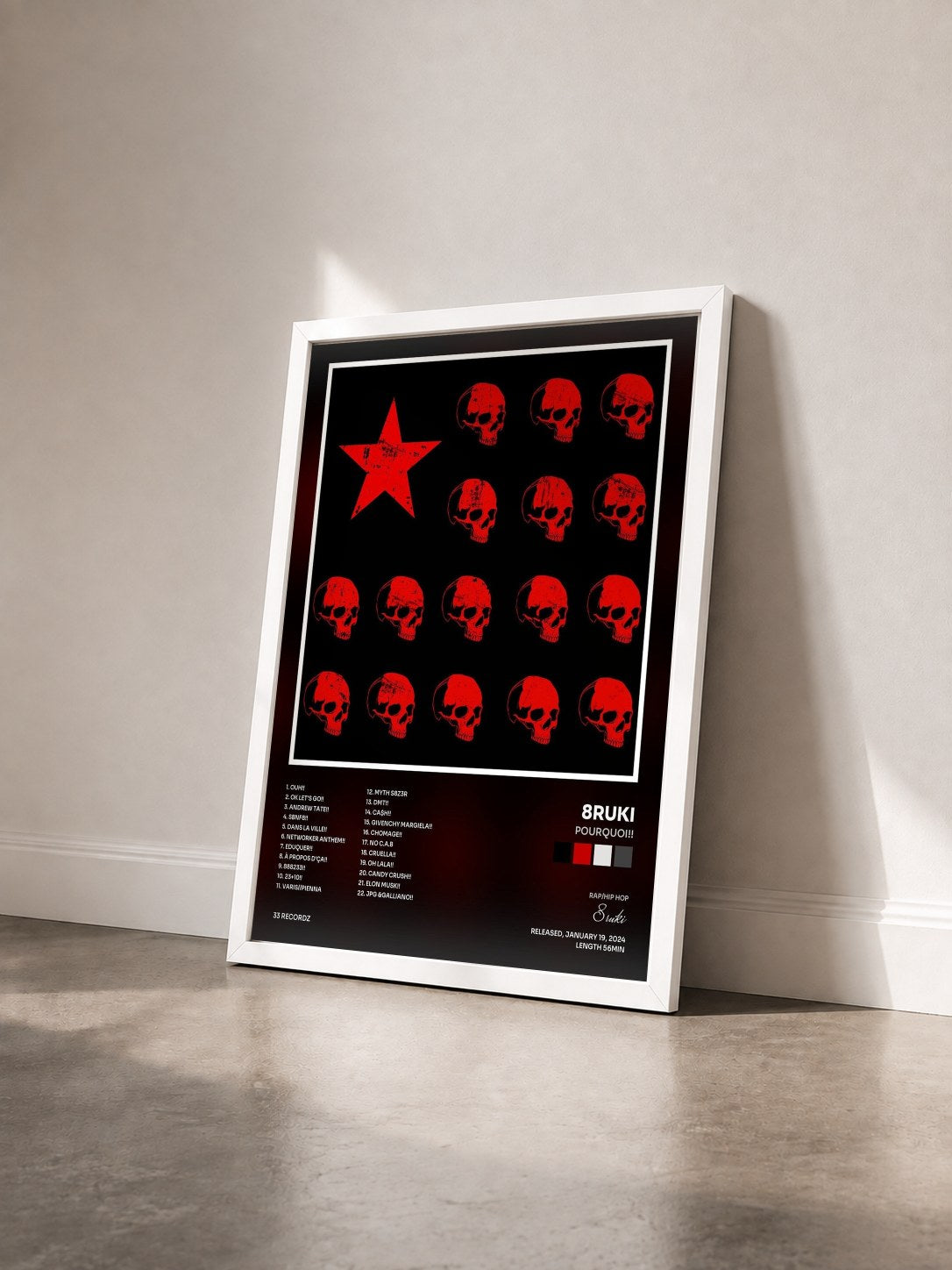 #blanc Tableau de l'album POURquoi!! de 8ruki vu de trois quarts, cadre blanc