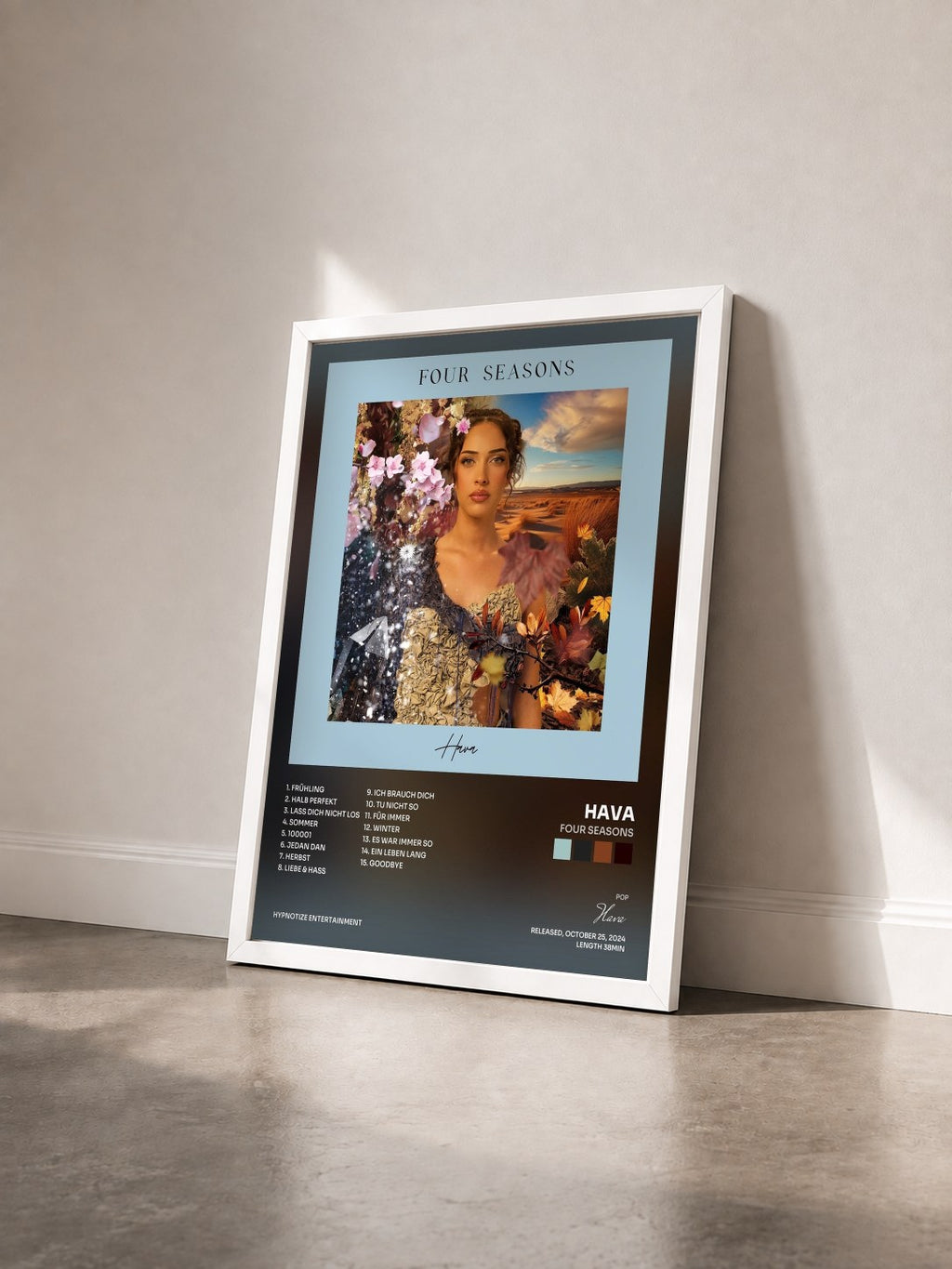 #blanc Tableau de l'album FOUR SEASONS de Hava vu de trois quarts, cadre blanc
