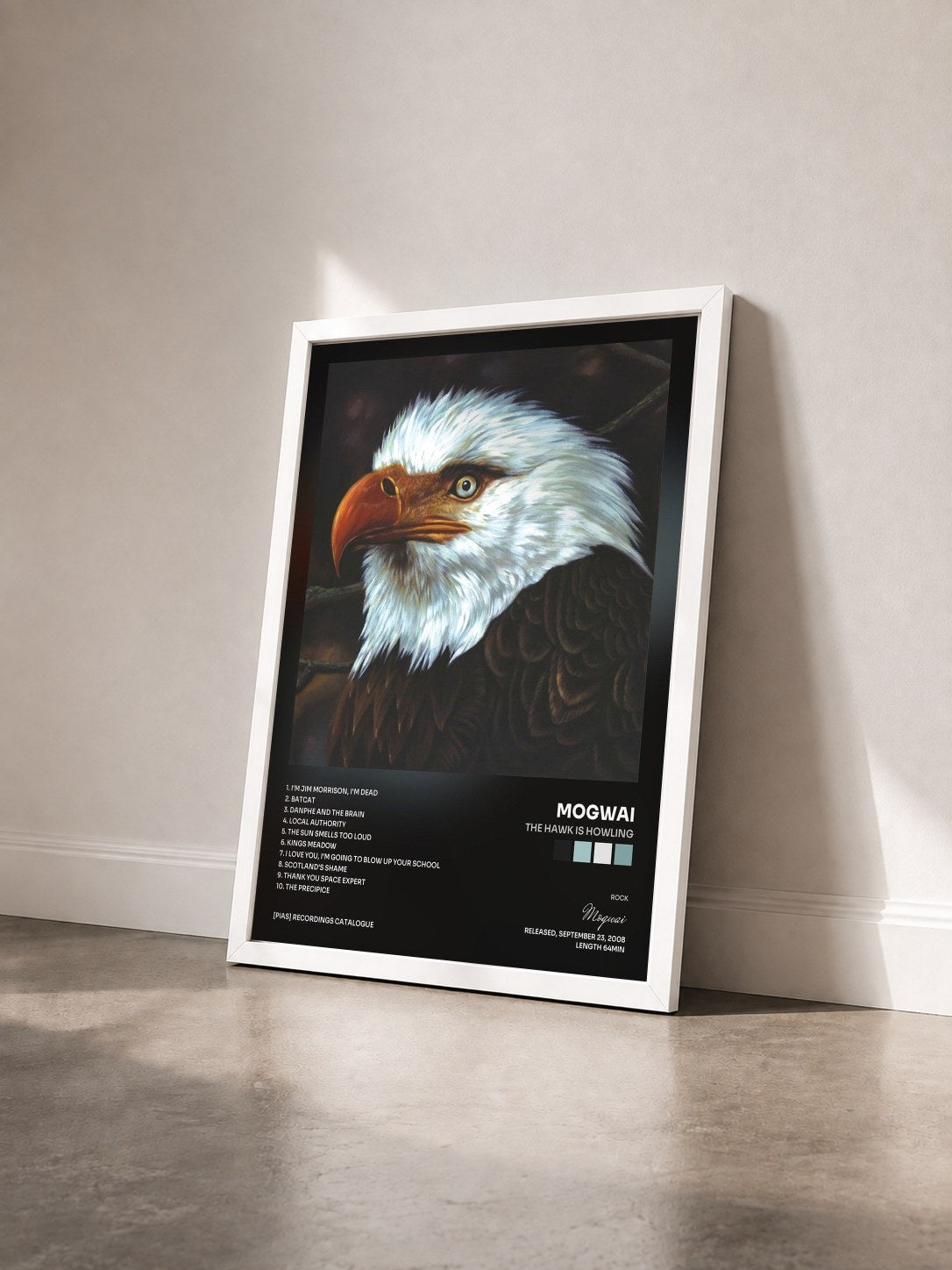 #blanc Tableau de l'album The Hawk Is Howling de Mogwai vu de trois quarts, cadre blanc