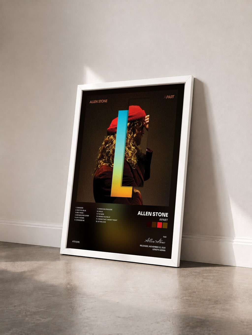 #blanc Tableau de l'album APART de Allen Stone vu de trois quarts, cadre blanc