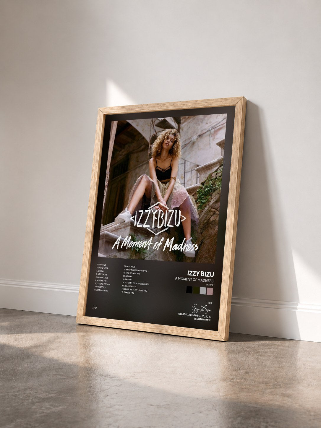 #bois Tableau de l'album A Moment of Madness (Deluxe) de Izzy Bizu vu de trois quarts, cadre en bois brut