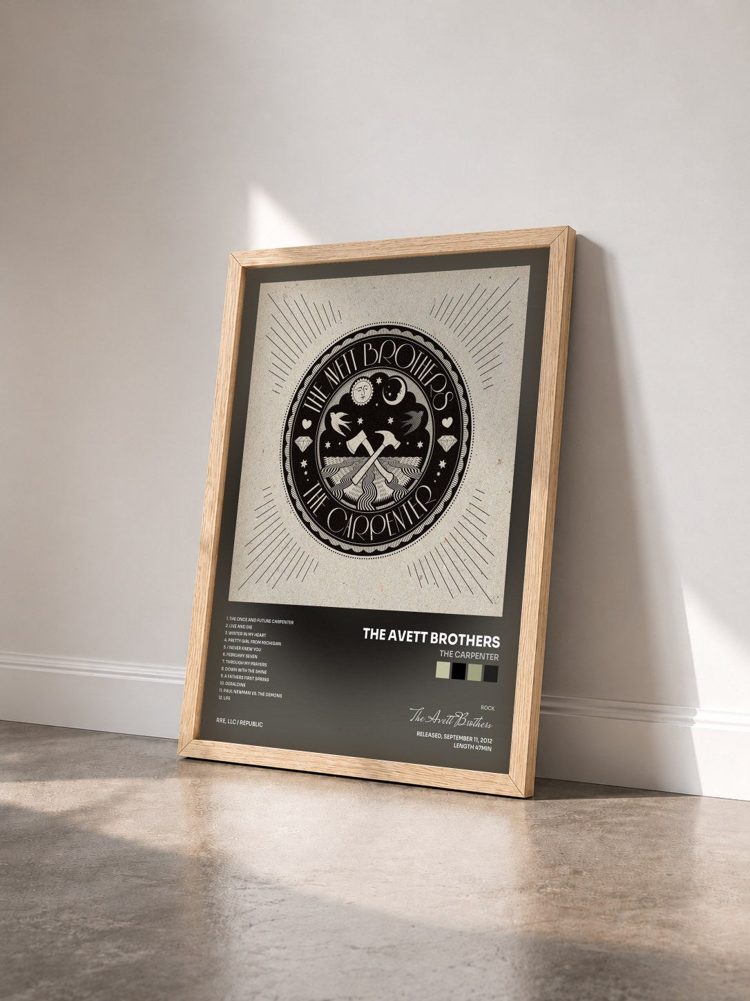 #bois Tableau de l'album The Carpenter de The Avett Brothers vu de trois quarts, cadre en bois brut