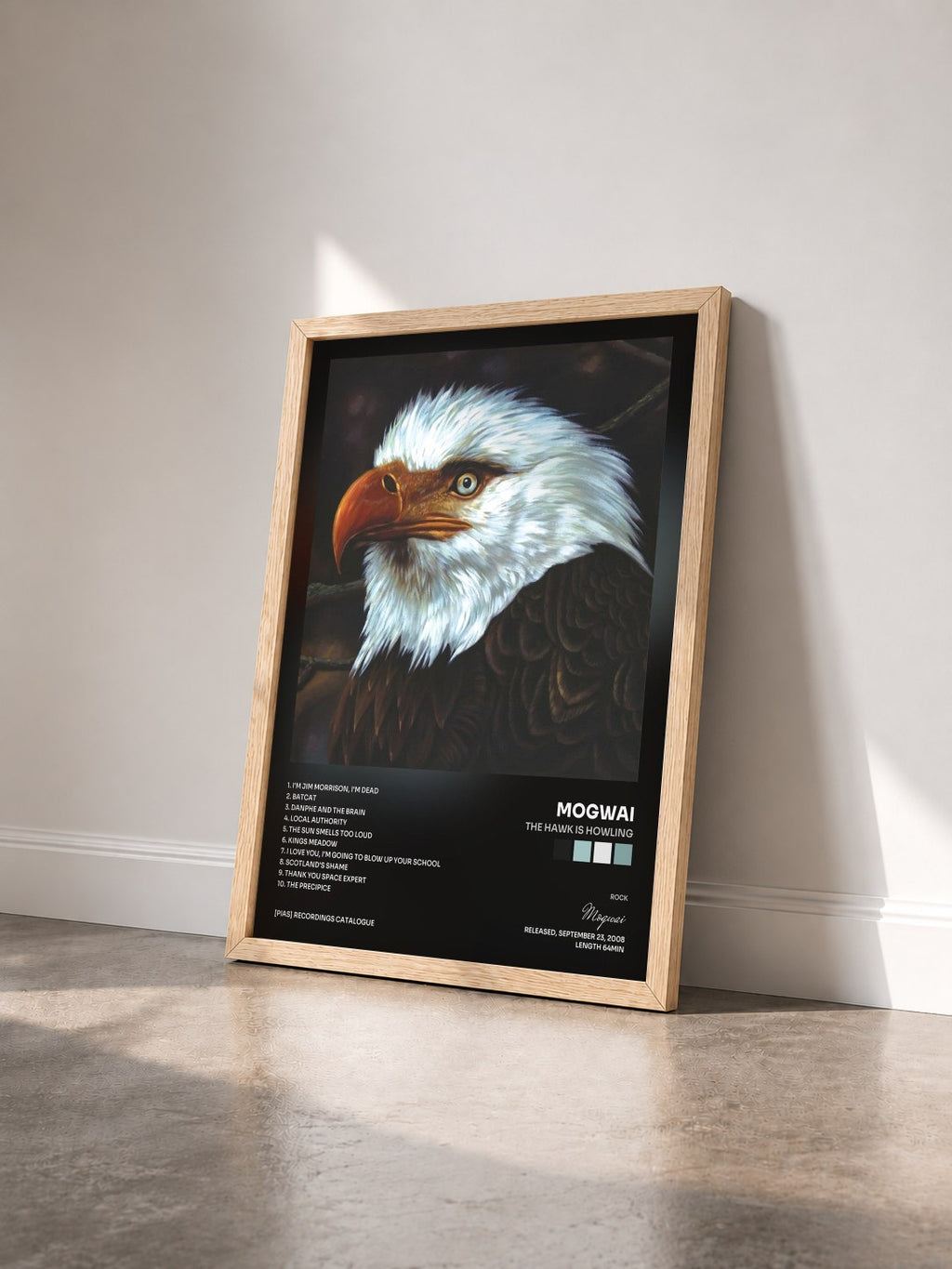 #bois Tableau de l'album The Hawk Is Howling de Mogwai vu de trois quarts, cadre en bois brut