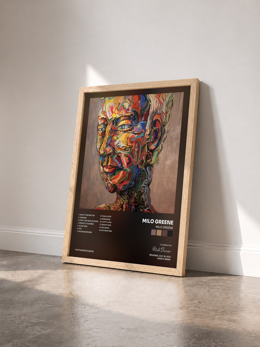#bois Tableau de l'album Milo Greene de Milo Greene vu de trois quarts, cadre en bois brut