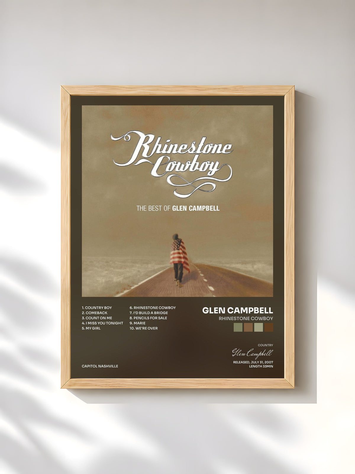 #bois Tableau de l'album Rhinestone Cowboy de Glen Campbell, cadre en bois brut, imprimé et encadré en France