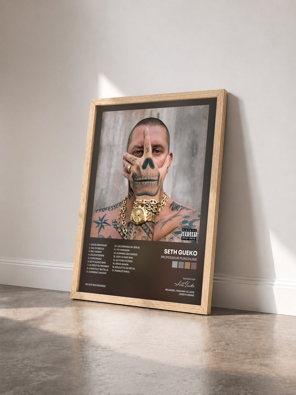 #bois Tableau de l'album Professeur Punchline de Seth Gueko vu de trois quarts, cadre en bois brut