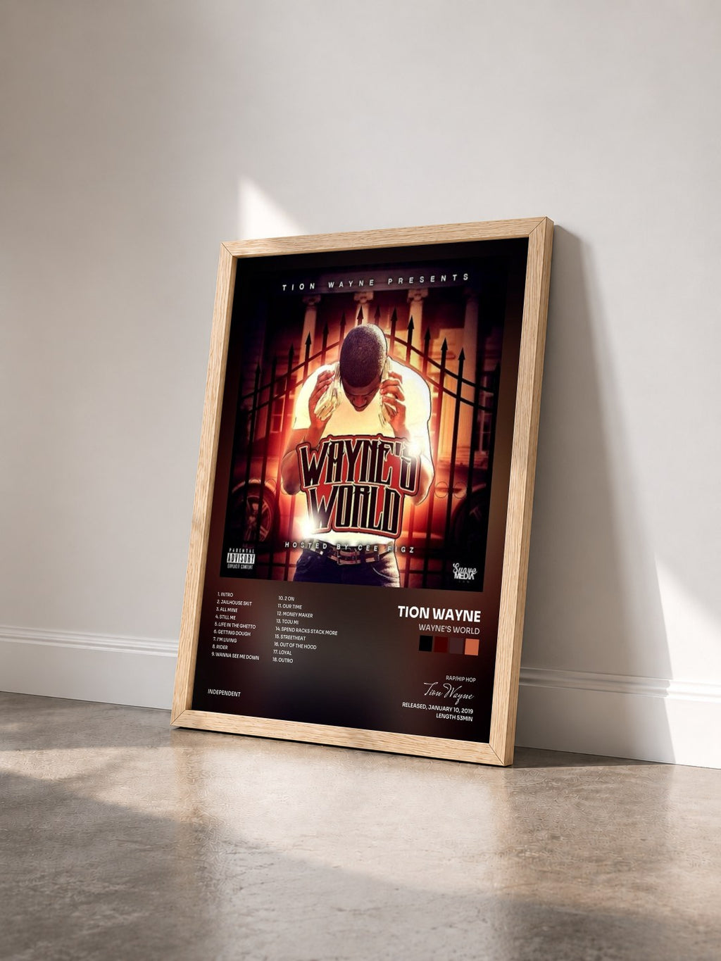 #bois Tableau de l'album Wayne's World de Tion Wayne vu de trois quarts, cadre en bois brut