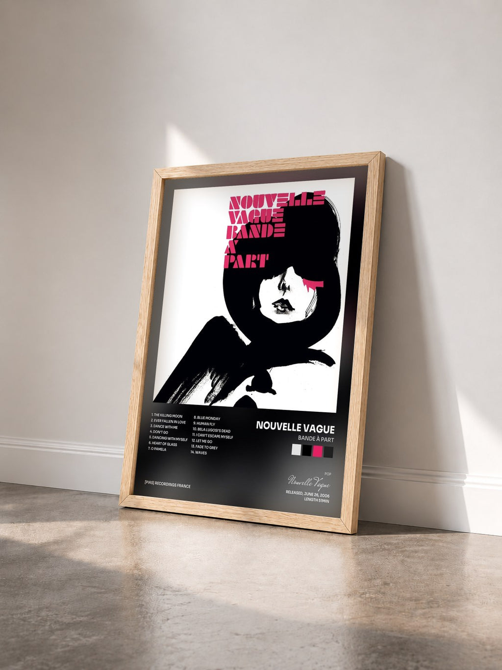 #bois Tableau de l'album Bande à Part de Nouvelle Vague vu de trois quarts, cadre en bois brut