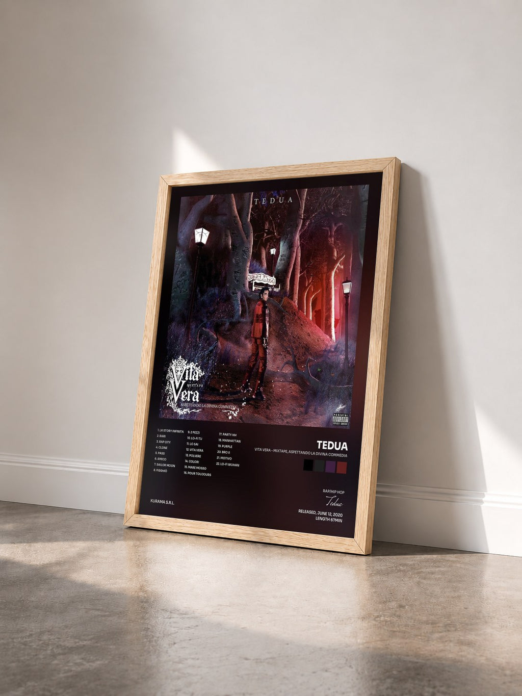 #bois Tableau de l'album Vita Vera - Mixtape, aspettando la Divina Commedia de Tedua vu de trois quarts, cadre en bois brut