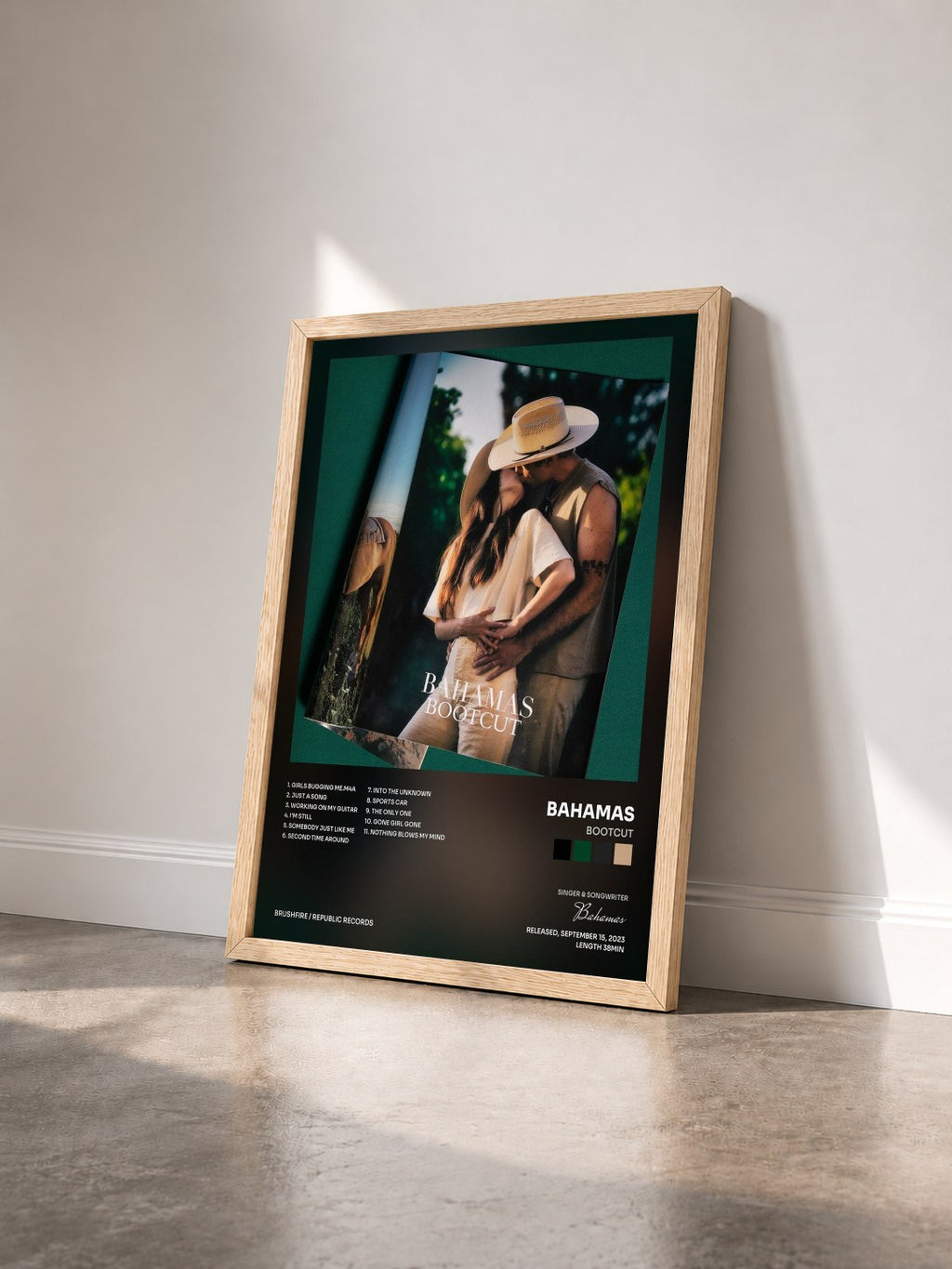 #bois Tableau de l'album BOOTCUT de Bahamas vu de trois quarts, cadre en bois brut