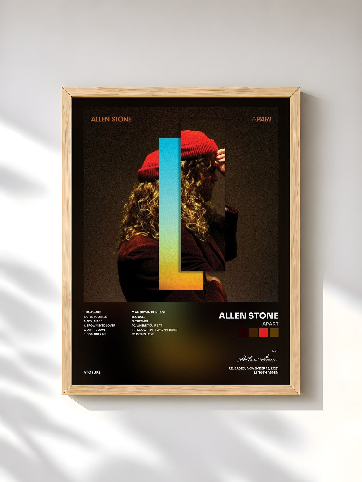#bois Tableau de l'album APART de Allen Stone, cadre en bois brut, imprimé et encadré en France