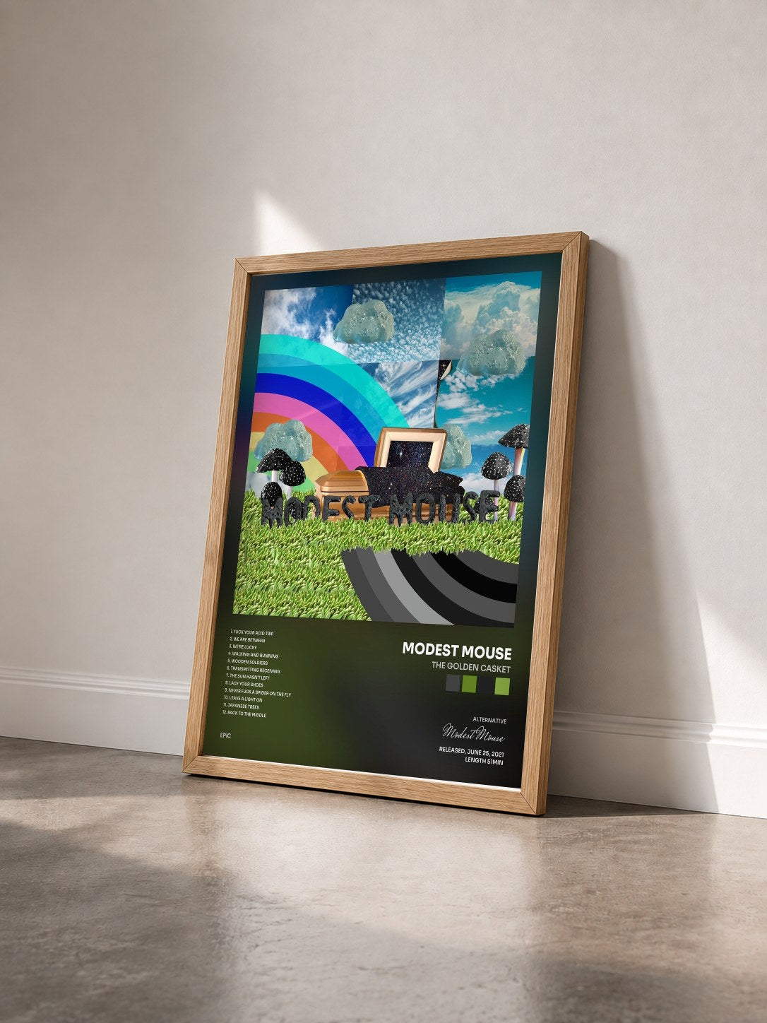 #bois Tableau de l'album The Golden Casket de Modest Mouse vu de trois quarts, cadre en bois brut