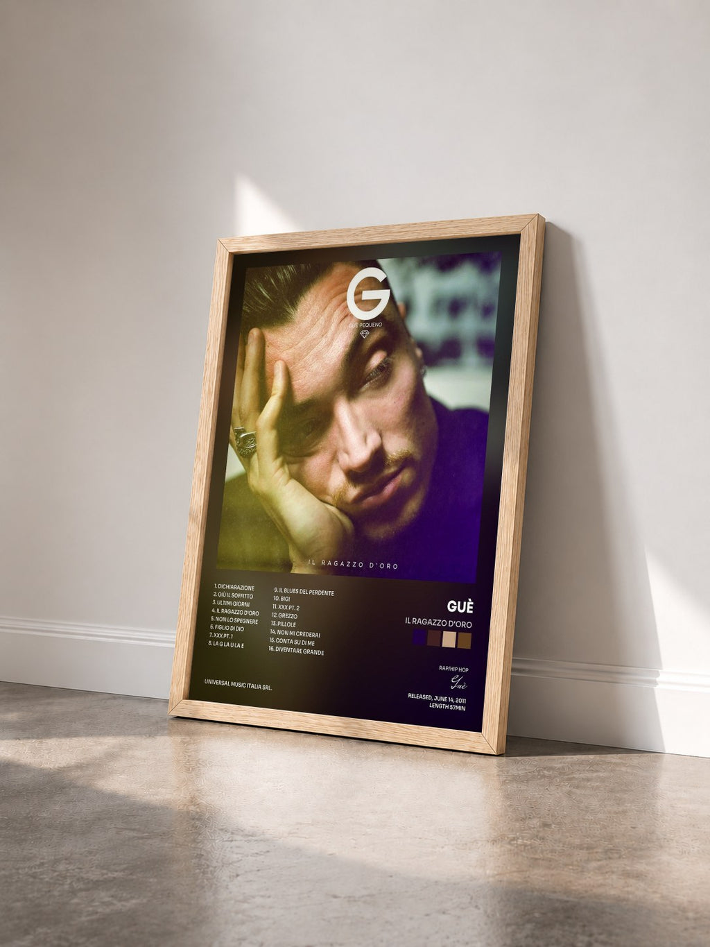 #bois Tableau de l'album Il Ragazzo D'Oro de Guè vu de trois quarts, cadre en bois brut