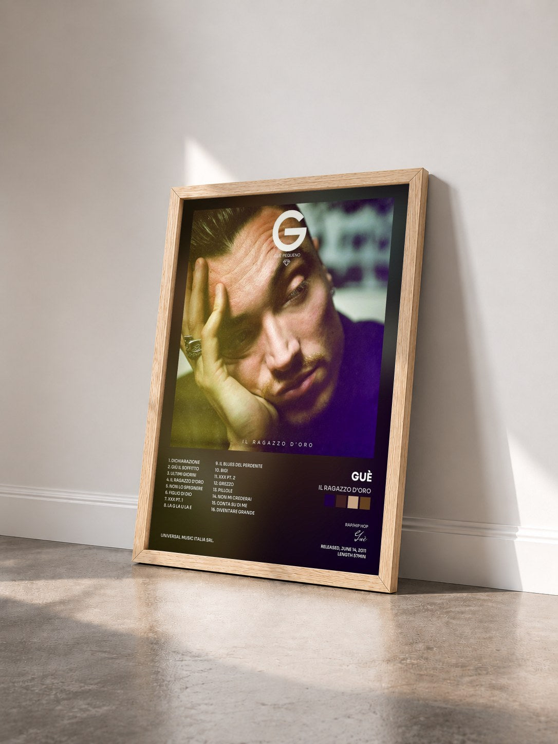 #bois Tableau de l'album Il Ragazzo D'Oro de Guè vu de trois quarts, cadre en bois brut