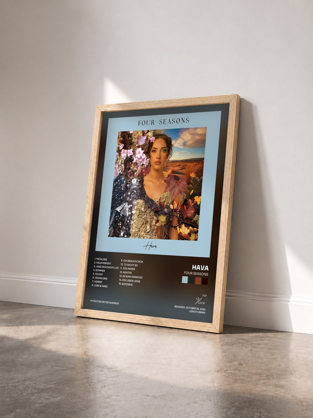 #bois Tableau de l'album FOUR SEASONS de Hava vu de trois quarts, cadre en bois brut