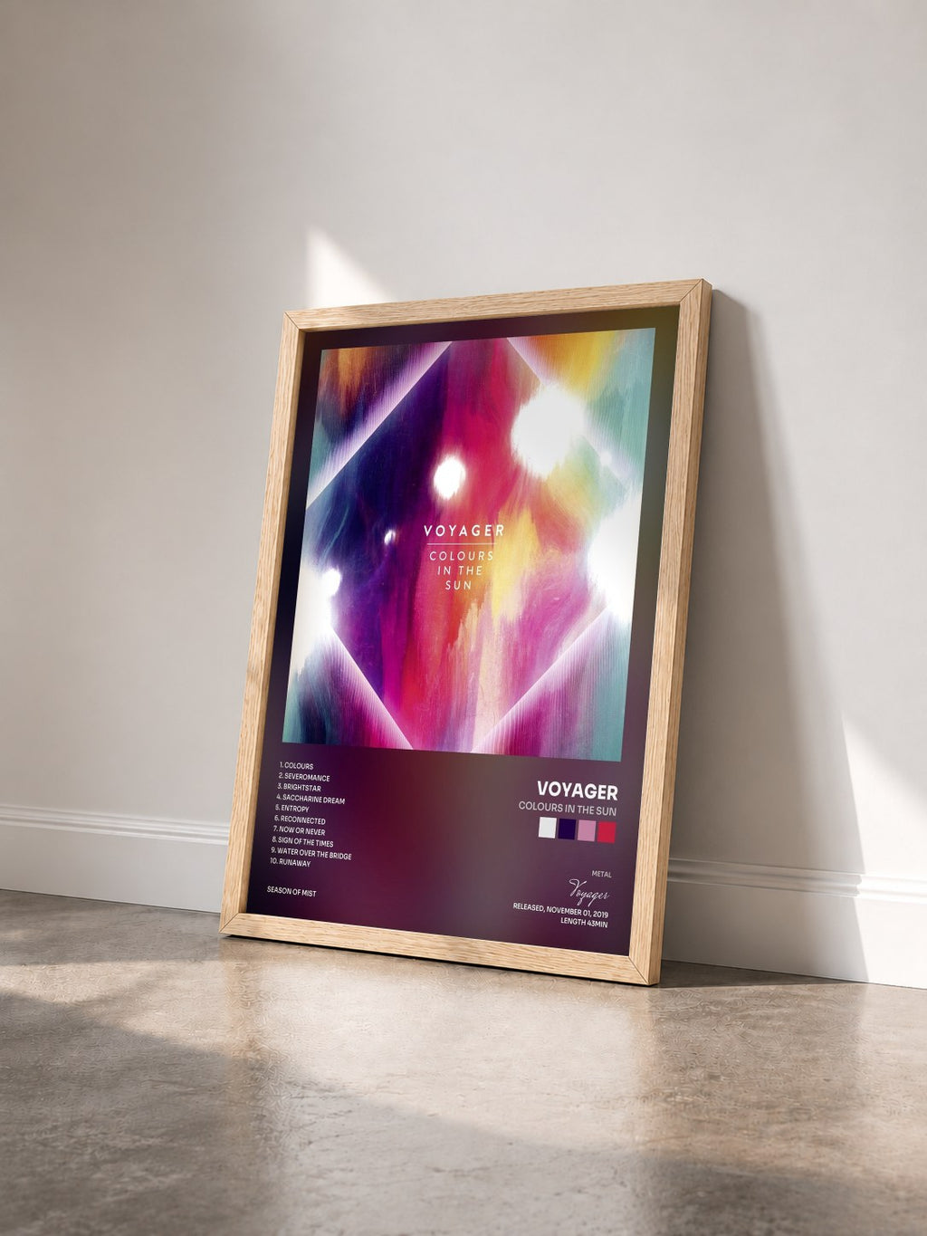 #bois Tableau de l'album Colours in the Sun de Voyager vu de trois quarts, cadre en bois brut