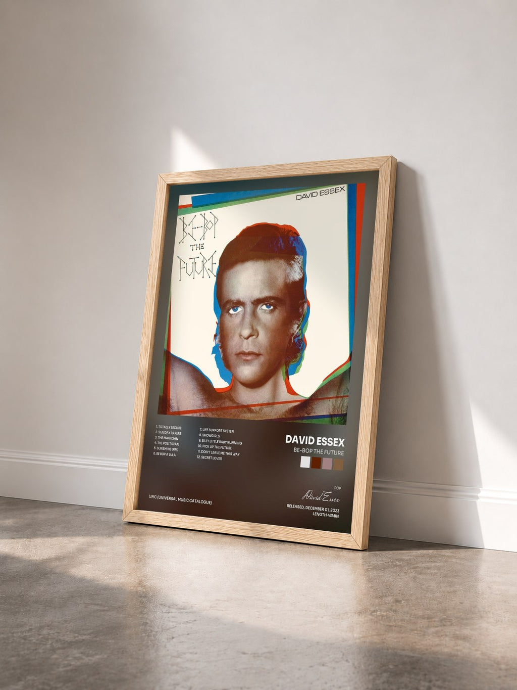 #bois Tableau de l'album Be-Bop The Future de David Essex vu de trois quarts, cadre en bois brut