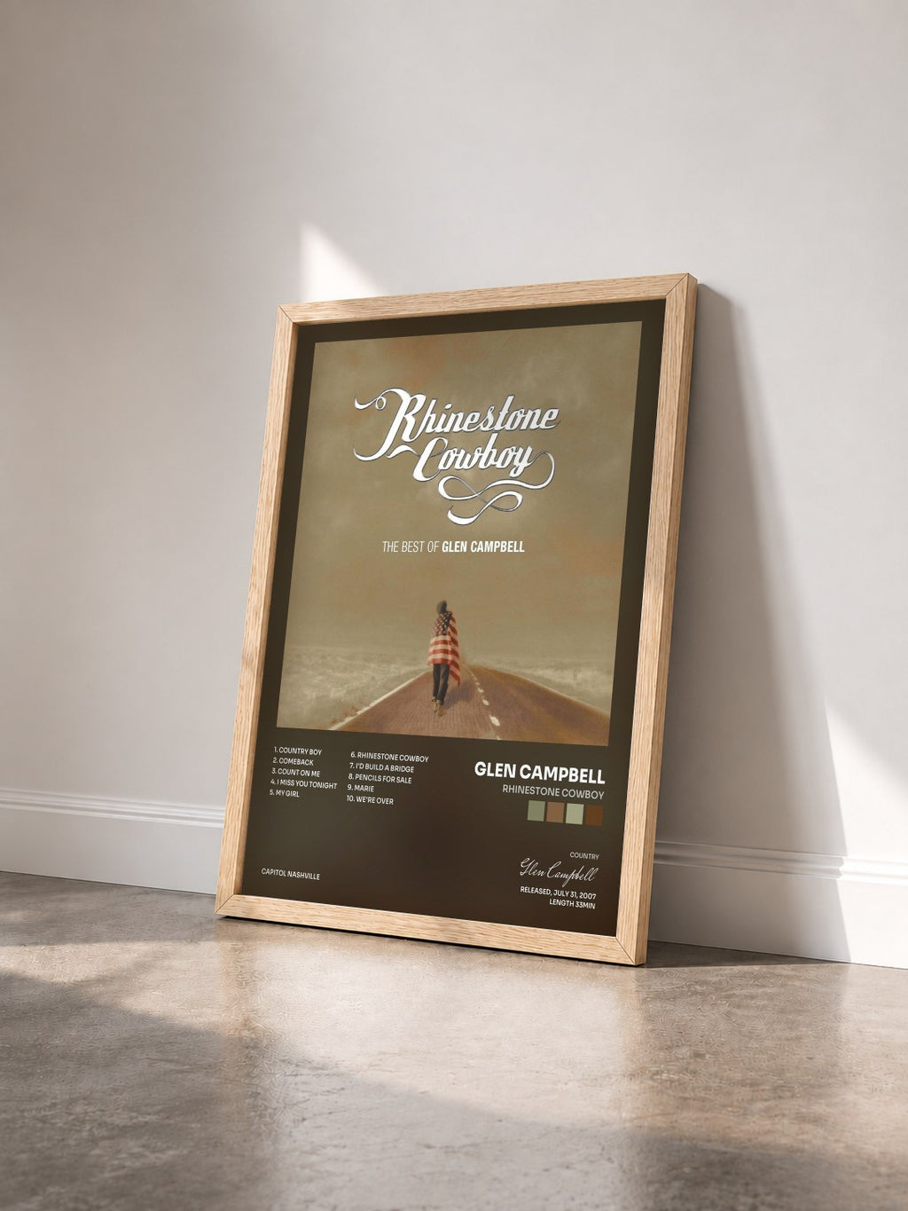 #bois Tableau de l'album Rhinestone Cowboy de Glen Campbell vu de trois quarts, cadre en bois brut