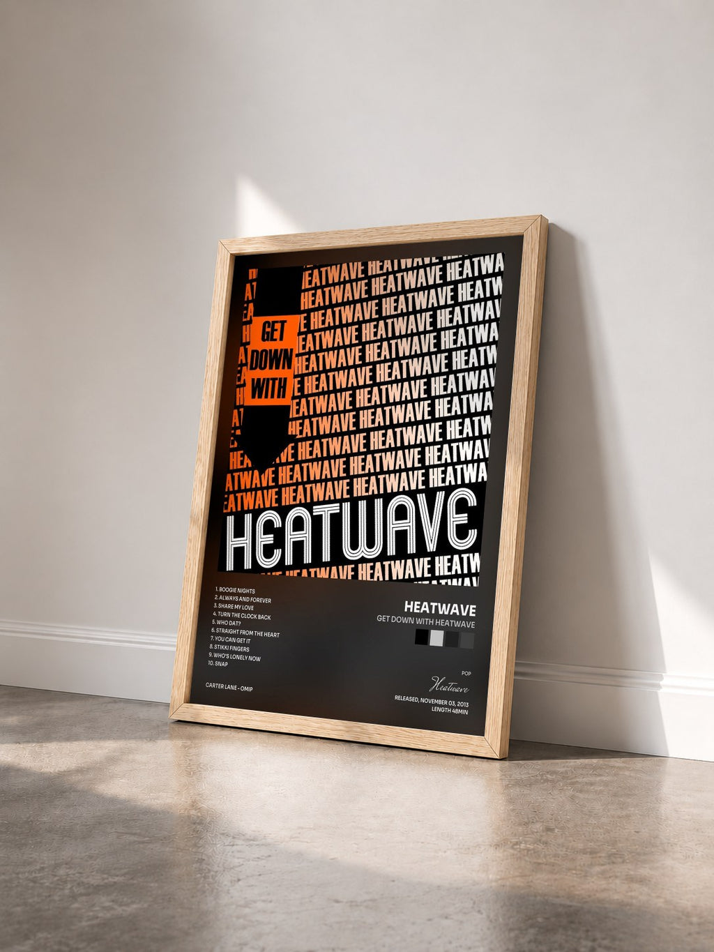 #bois Tableau de l'album Get Down with Heatwave de Heatwave vu de trois quarts, cadre en bois brut