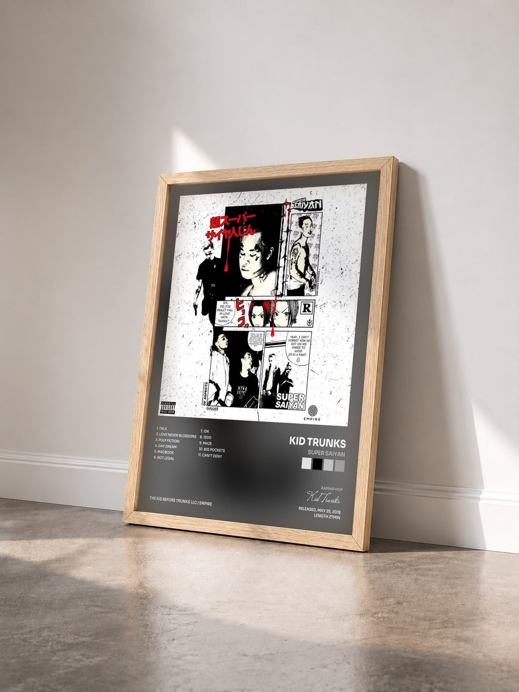 #bois Tableau de l'album Super Saiyan de Kid Trunks vu de trois quarts, cadre en bois brut