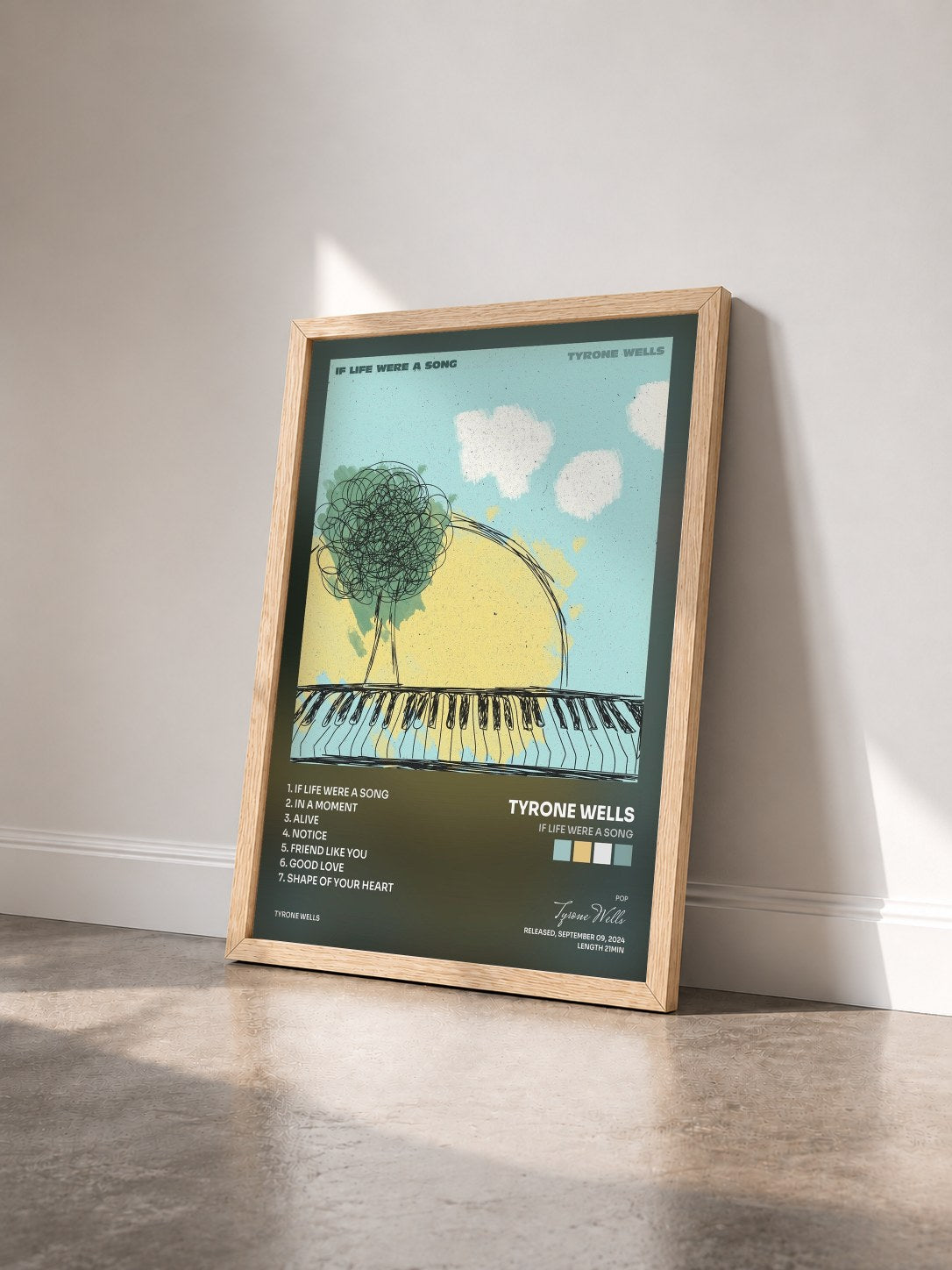 #bois Tableau de l'album If Life Were a Song de Tyrone Wells vu de trois quarts, cadre en bois brut