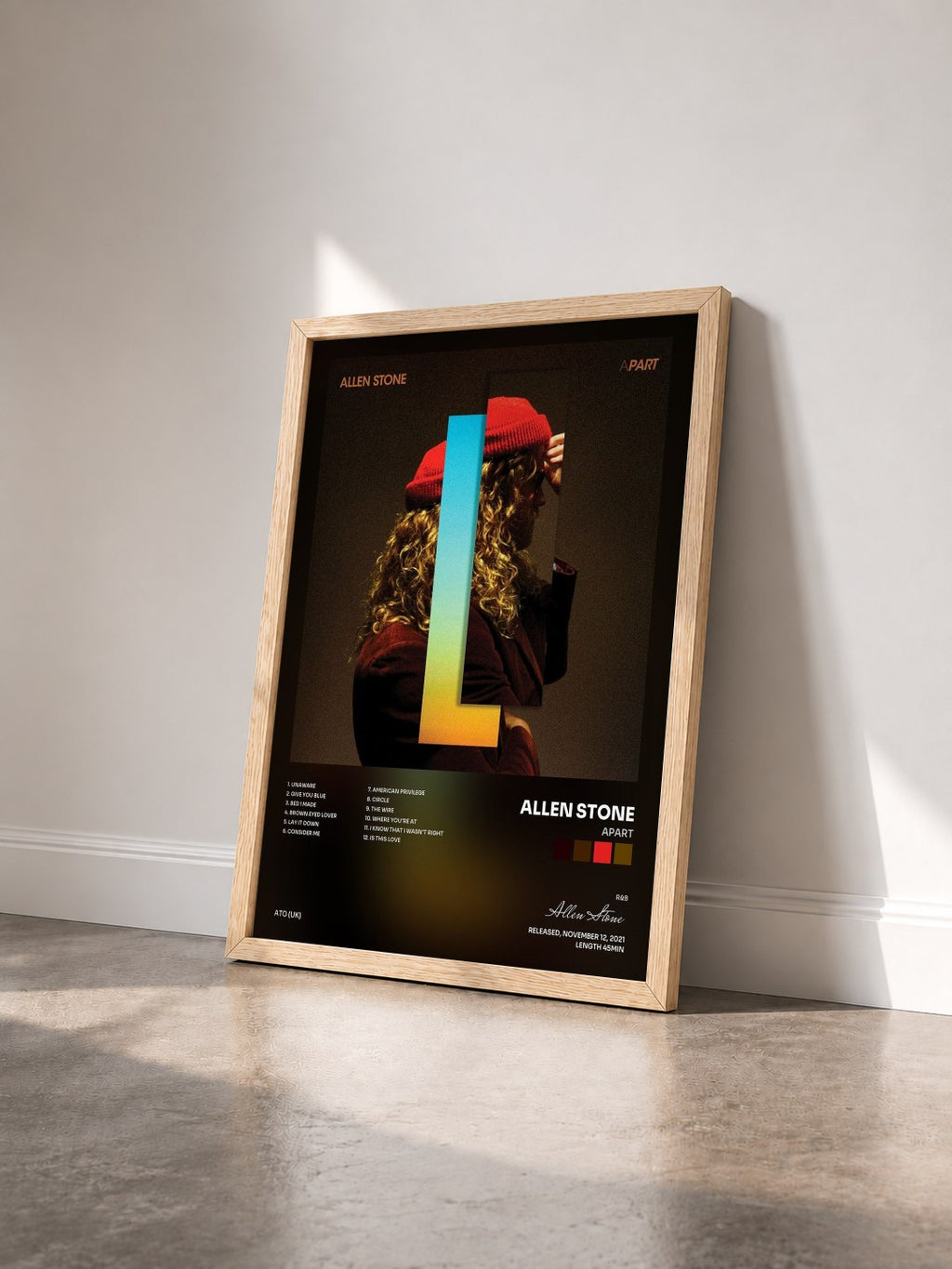 #bois Tableau de l'album APART de Allen Stone vu de trois quarts, cadre en bois brut