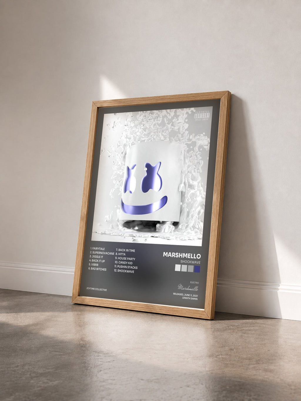 #bois Tableau de l'album Shockwave de Marshmello vu de trois quarts, cadre en bois brut