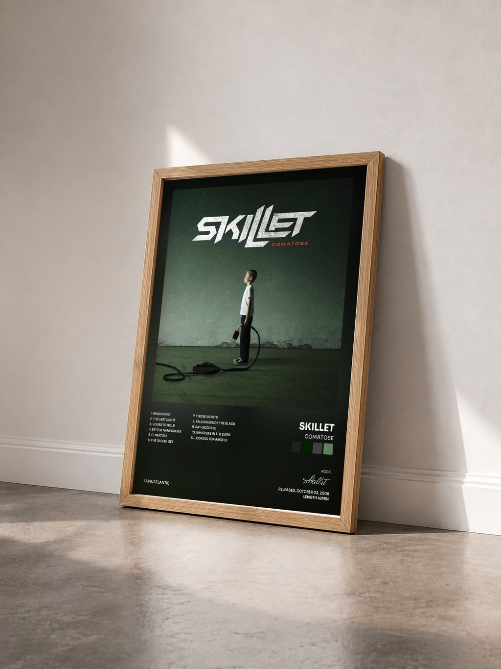 #bois Tableau de l'album Comatose de Skillet vu de trois quarts, cadre en bois brut