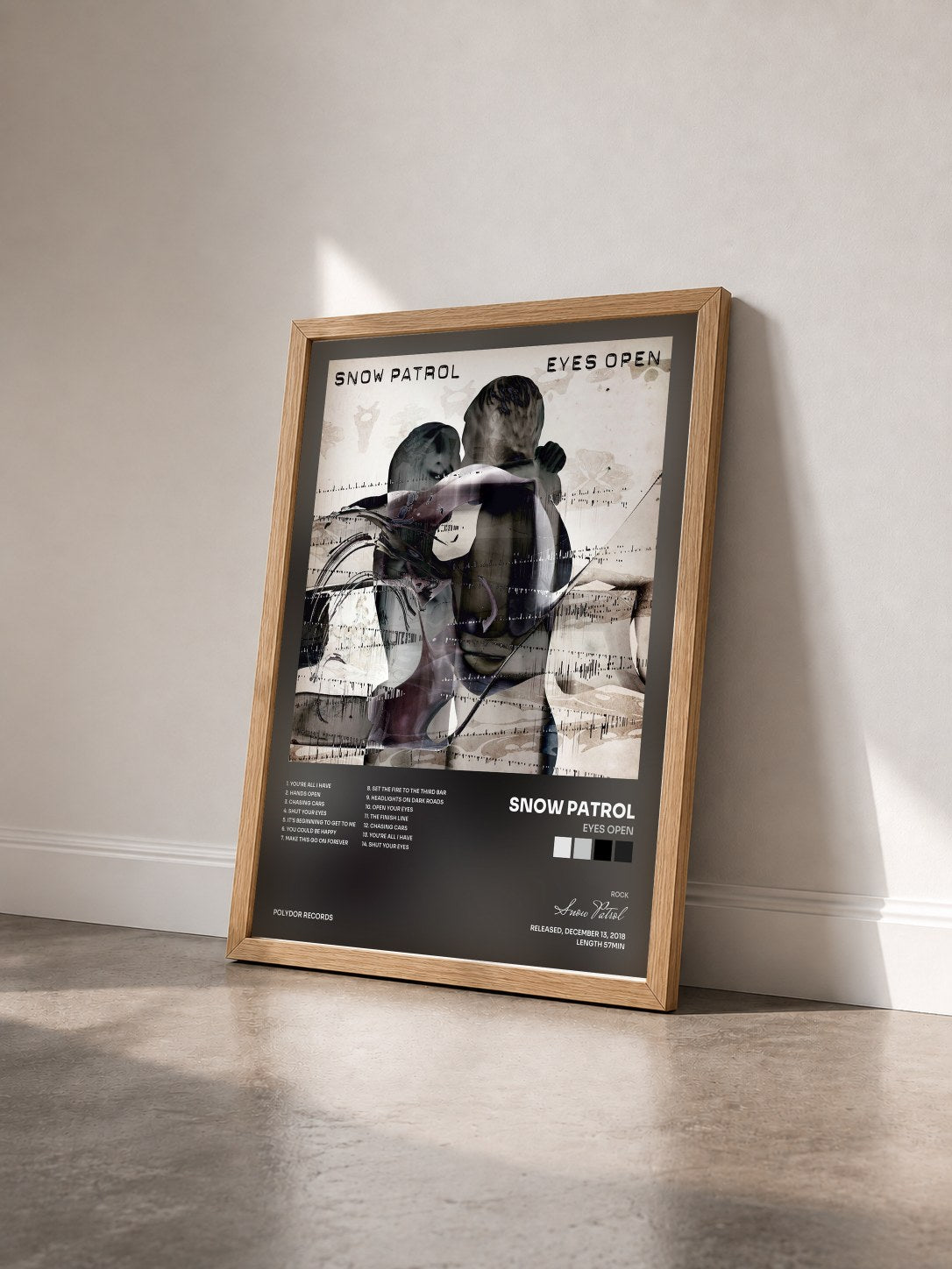 #bois Tableau de l'album Eyes Open de Snow Patrol vu de trois quarts, cadre en bois brut