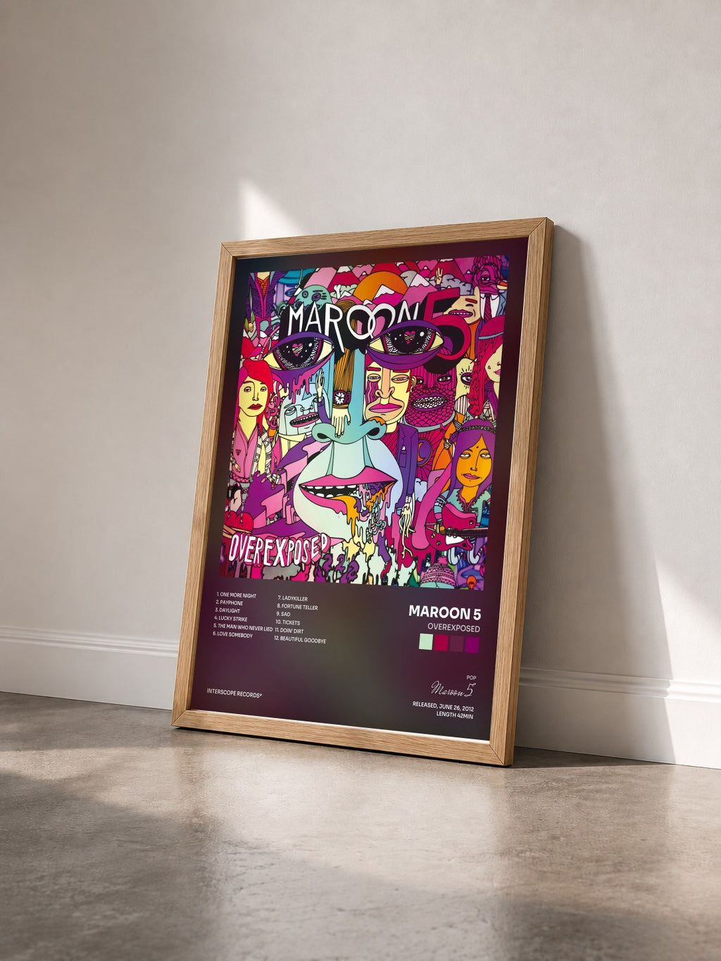 #bois Tableau de l'album Overexposed de Maroon 5 vu de trois quarts, cadre en bois brut