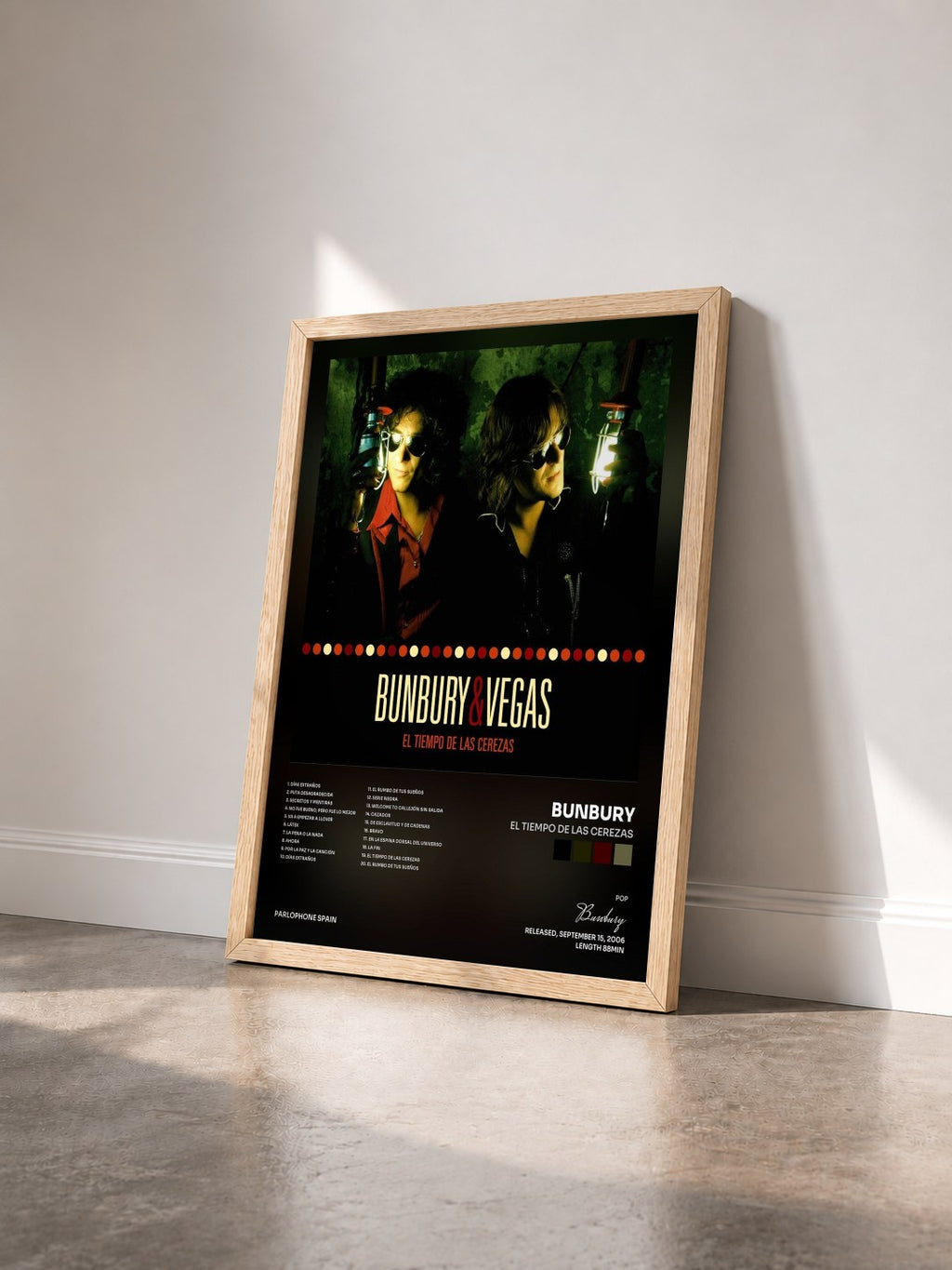 #bois Tableau de l'album El Tiempo De Las Cerezas de Bunbury vu de trois quarts, cadre en bois brut