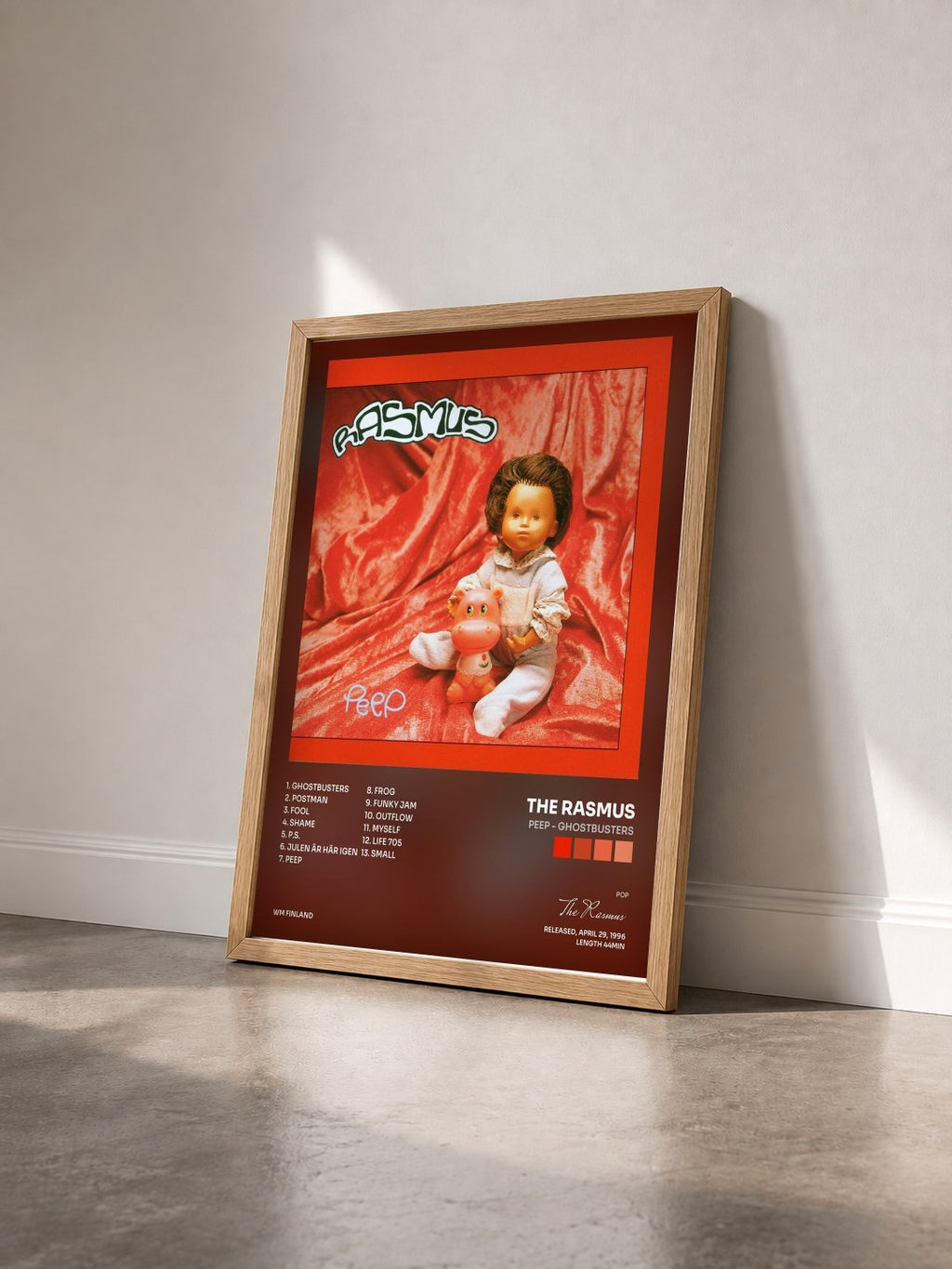 #bois Tableau de l'album Peep - Ghostbusters de The Rasmus vu de trois quarts, cadre en bois brut